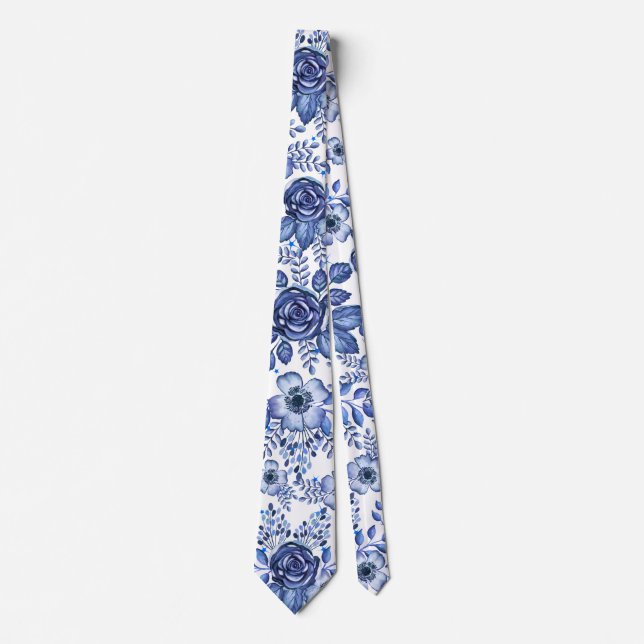 Watercolor Blue Floral pattern Neck Tie (Front)