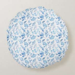 Watercolor Blue Floral Pattern Round Pillow