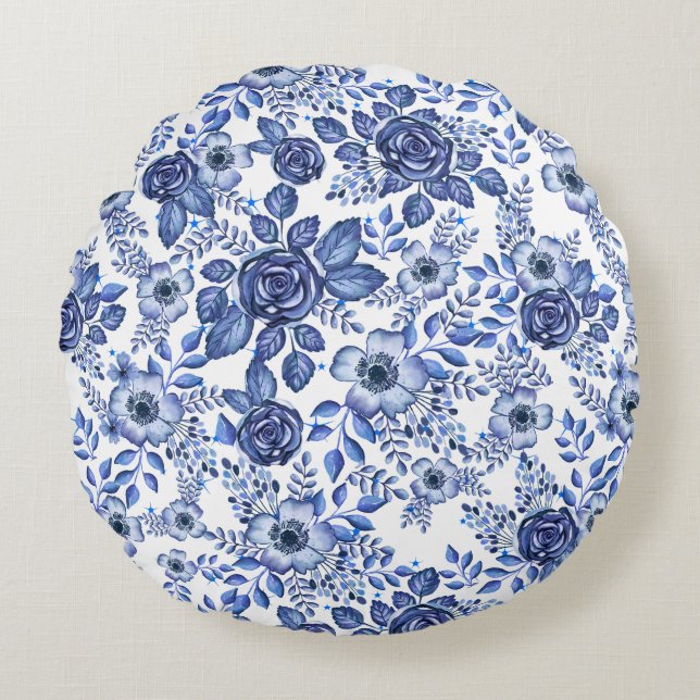 Watercolor Blue Floral pattern Round Pillow (Front)