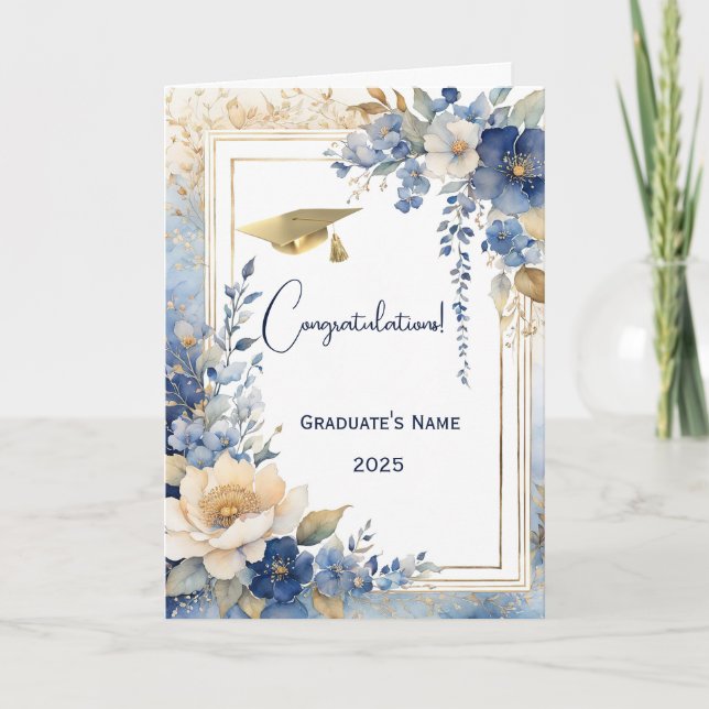 Watercolor Blue Floral Personalized Graduation Card (Front)