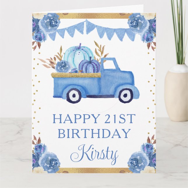 Watercolor Blue Floral Pumpkins Truck Birthday Card (Front)