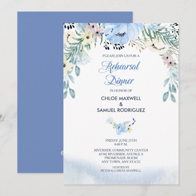Watercolor Blue Floral Rehearsal Dinner Invitation (Front/Back)