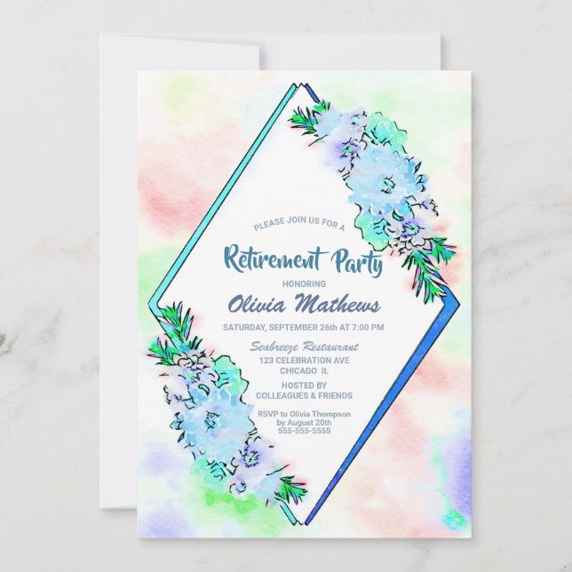 Watercolor Blue Floral Retirement Party  Invitation (Front)