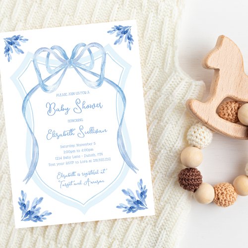 Watercolor Blue Floral Ribbon Crest Baby Shower Invitation