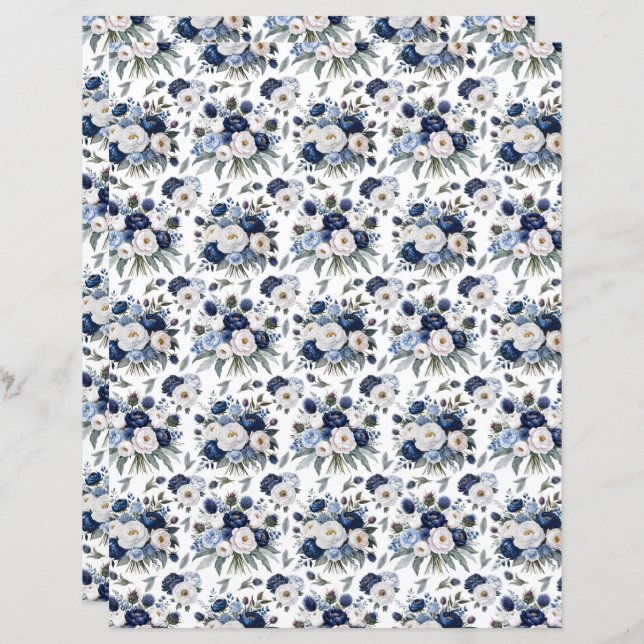 Watercolor Blue Floral Scrapbook Paper (Front/Back)