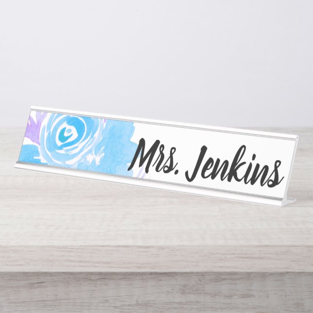 Watercolor Blue Floral Teachers Desk Name Plate (Front)