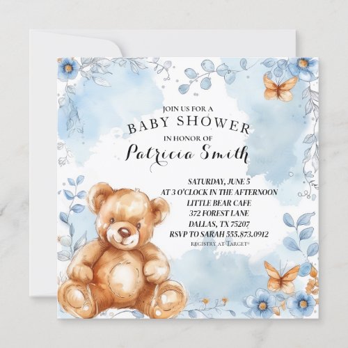 Watercolor Blue Floral Teddy Bear Baby Shower Invitation