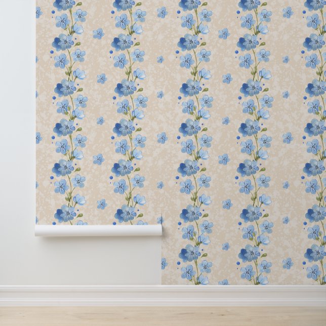 Watercolor Blue Floral Vine on Textured Cream Wallpaper (Application)