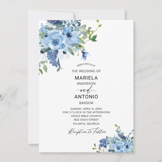 Watercolor Blue  Floral Watercolor wedding Invitation (Front)