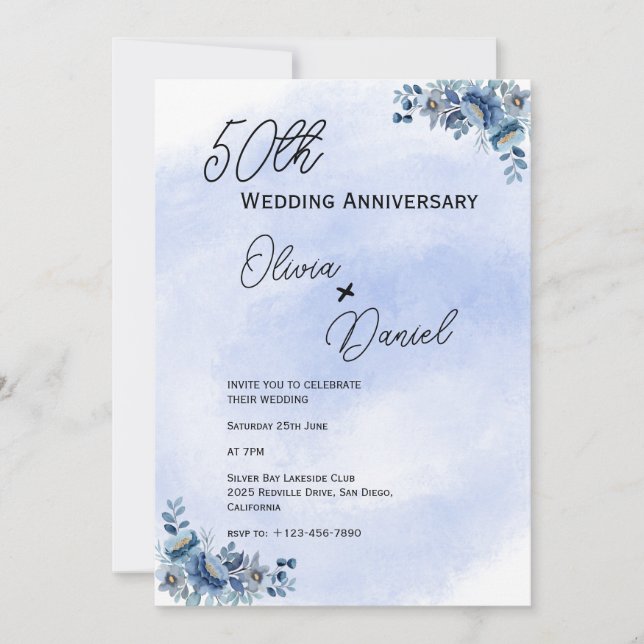 Watercolor Blue Floral Wedding Anniversary  Invitation (Front)