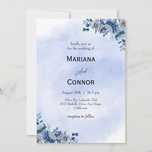 Watercolor Blue Floral Wedding Invitation (Front)