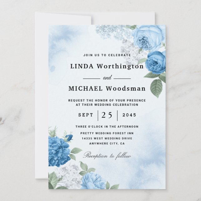 watercolor blue floral wedding invitations (Front)