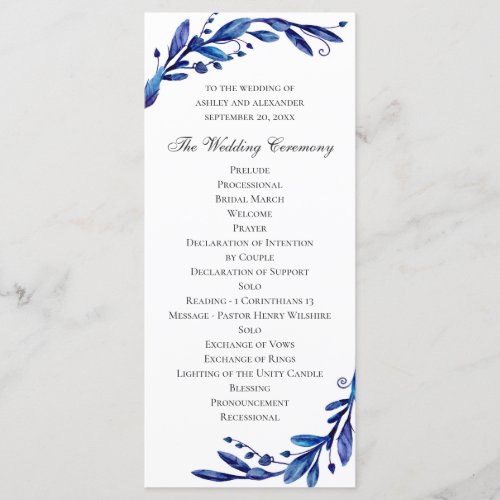 Watercolor blue floral wedding Navy botanical Program