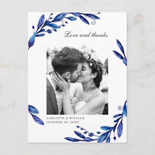 Watercolor blue floral wedding photo thank you postcard