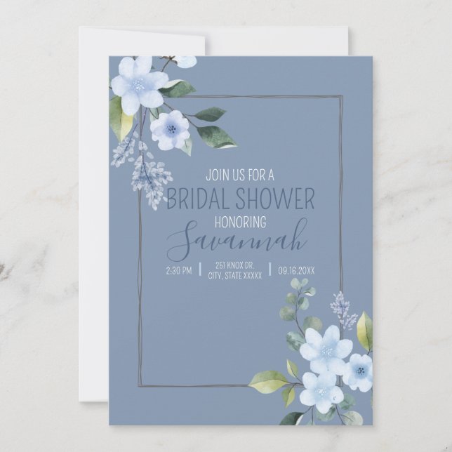 Watercolor Blue Floral Wedding Shower Invitation (Front)