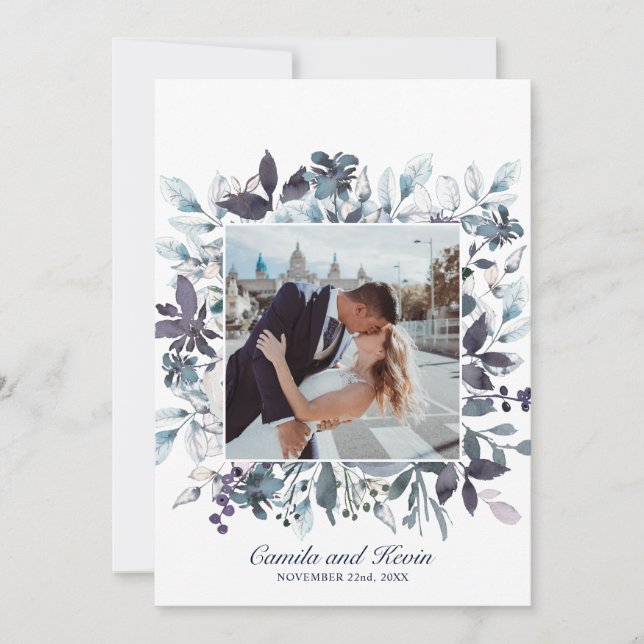 Watercolor Blue Floral Wedding Thank You PHOTO Card (Front)