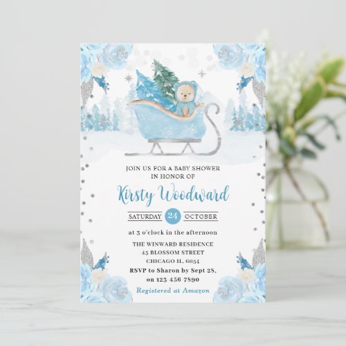 Watercolor Blue Floral Winter Bear Baby Shower Invitation