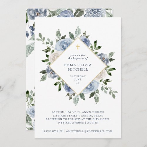 Watercolor Blue Floral with Gold  Baptism Invitation