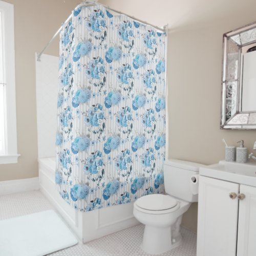 Watercolor Blue Floral with Pale Gray Stripes Shower Curtain