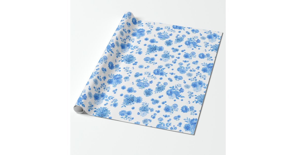 Navy Pastel Blue Watercolor Floral Pattern Wrapping Paper Sheets, Zazzle