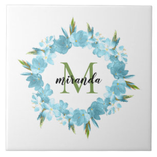 Watercolor Blue Floral Wreath Name Monogram Ceramic Tile