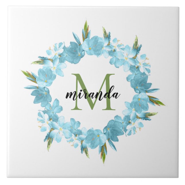 Watercolor Blue Floral Wreath Name Monogram Ceramic Tile (Front)