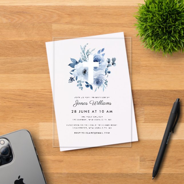 Watercolor blue florals Baptism Acrylic Invitations (Insitu (Invitation Card))