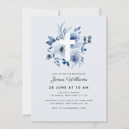 watercolor blue florals Baptism invitation