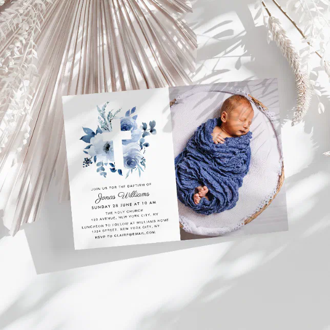 watercolor blue florals Baptism photo invitation | Zazzle