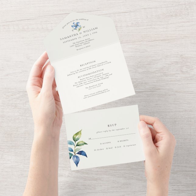 Watercolor Blue flower All In One Invitation (Tearaway)