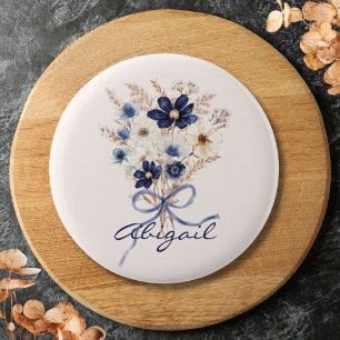 Watercolor Blue Flower Bouquet Floral Personalized Button