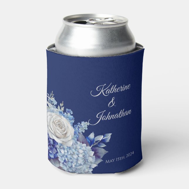 Watercolor Blue Flower Bouquet-Wedding- Can Cooler (Can Front)