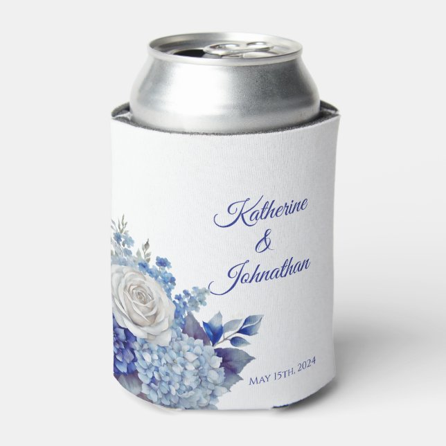 Watercolor Blue Flower Bouquet-Wedding- Can Cooler (Can Front)