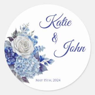 Watercolor Blue Flower Bouquet-Wedding- Classic Round Sticker