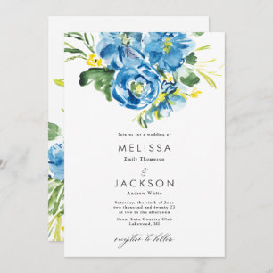 Watercolor Blue Flower Bouquet  Wedding Invitation