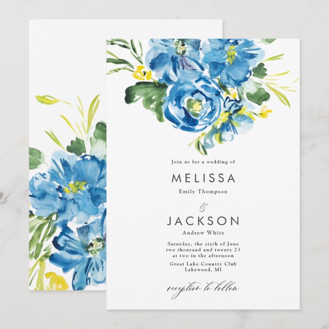 Watercolor Blue Flower Bouquet  Wedding Invitation (Front/Back)