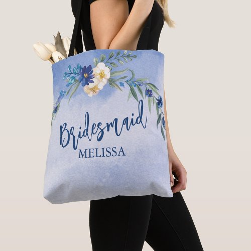 Watercolor Blue Flower Bridesmaid Personalize Gift Tote Bag