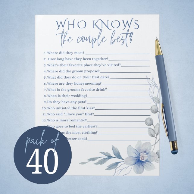 Watercolor Blue Flower Couple Best Bridal Game Notepad (Stunning Watercolor Blue Flower Who Knows the Couple Best Bridal Game Notepad Pack of 40 Games. )