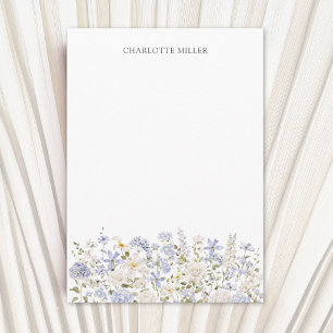 Watercolor Blue Flower Garden Monogrammed Floral Note Card
