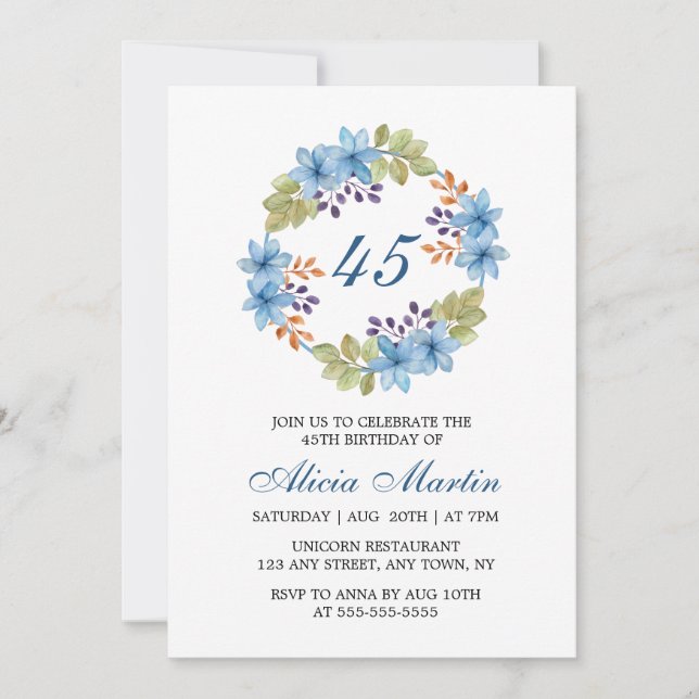 Watercolor Blue Flower Greenery Any Age Birthday Invitation (Front)