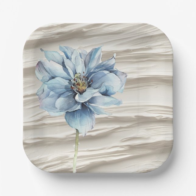 Watercolor Blue Flower On Ivory Abstract Paper Plates (Front)