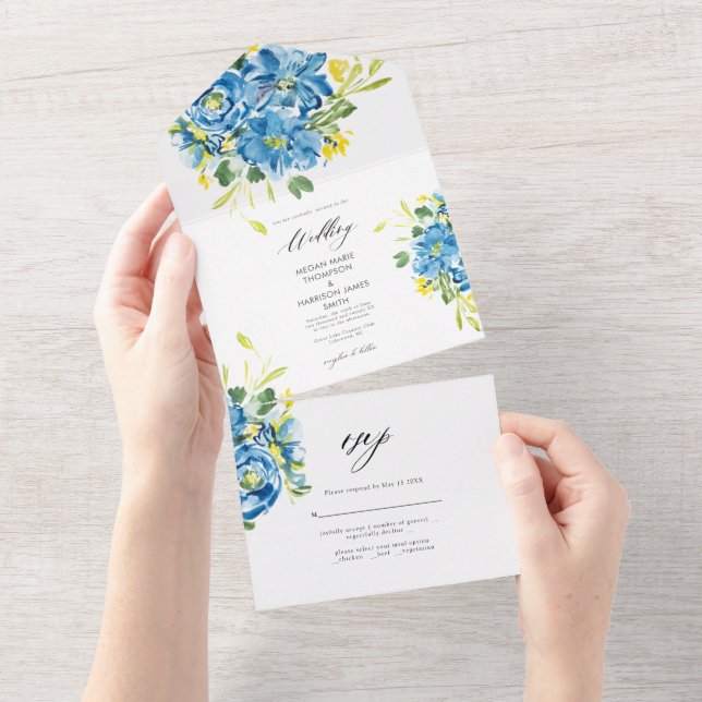 Watercolor Blue Flower Wedding Invitation (Tearaway)