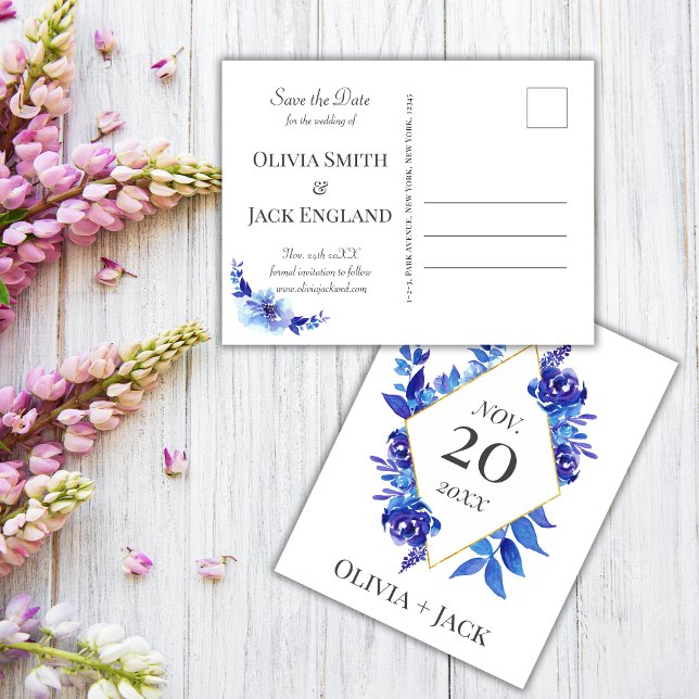 Watercolor Blue Flower Wedding Save the Date Postcard (watercolor blue flowers wedding save the date card)