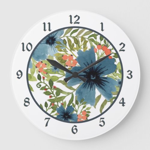 Watercolor Blue Flower with Pink Berries Large Clock