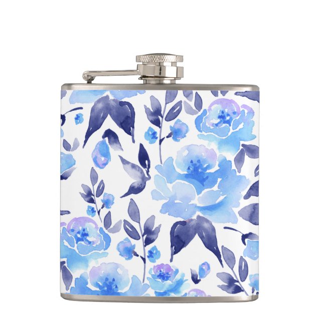 Watercolor blue flowers 2 hip flask (Front)
