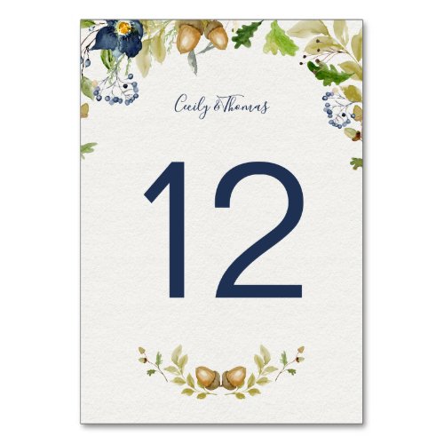 Watercolor Blue Flowers Acorns and Oak Leaves  Table Number