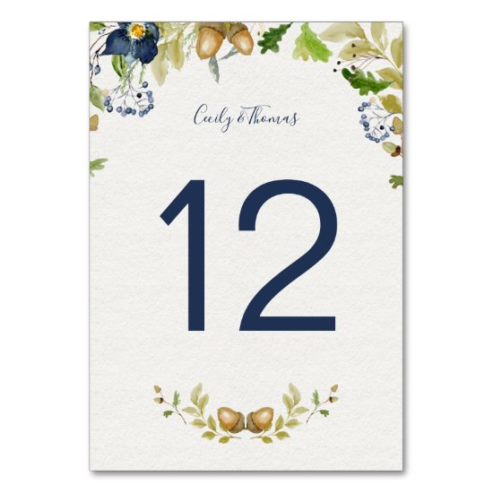 Watercolor Blue Flowers Acorns and Oak Leaves | Table Number