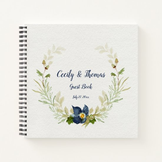 Watercolor Blue Flowers Acorns Oak Leaves Guest Notebook