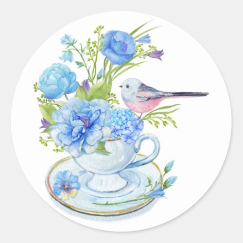 Watercolor Blue Flowers and Bird Tea Cup  Classic Round Sticker