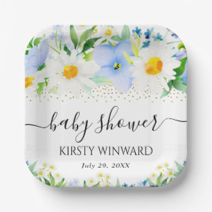 Watercolor Blue Flowers and Daisies Baby Shower Paper Plates